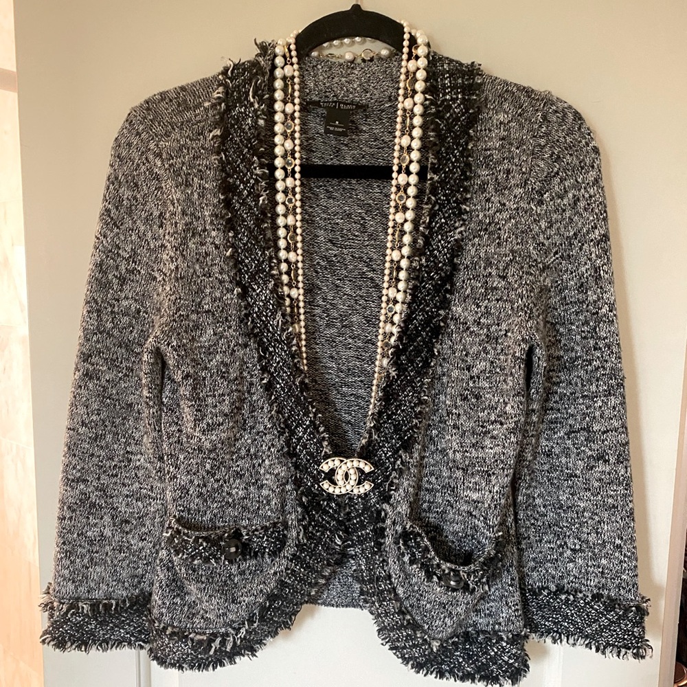 WHBM Black and White Tweed Knit Jacket with Fringe Trim - Size Small
